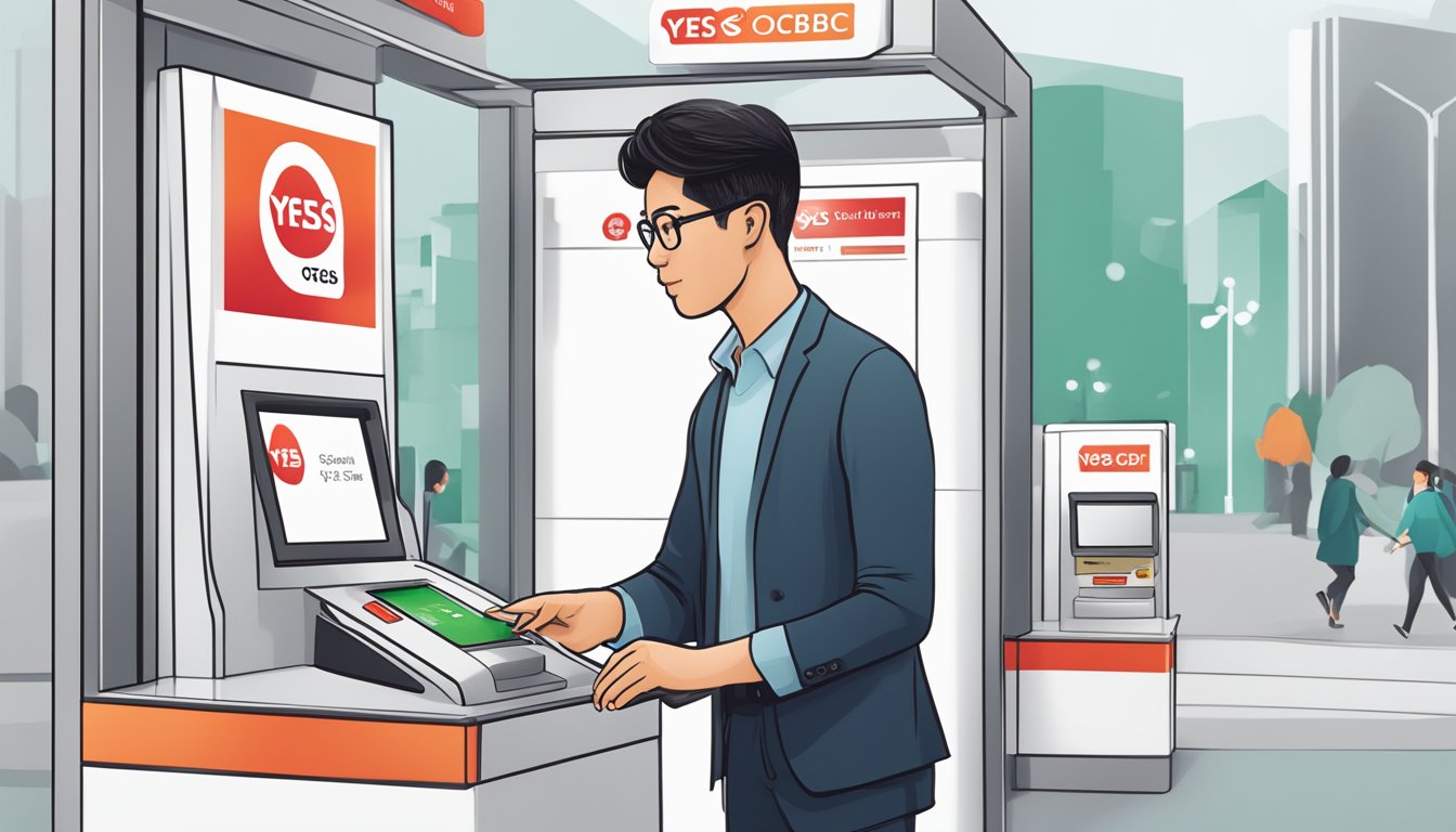 A person swiping an OCBC Yes Debit Card at a digital banking kiosk