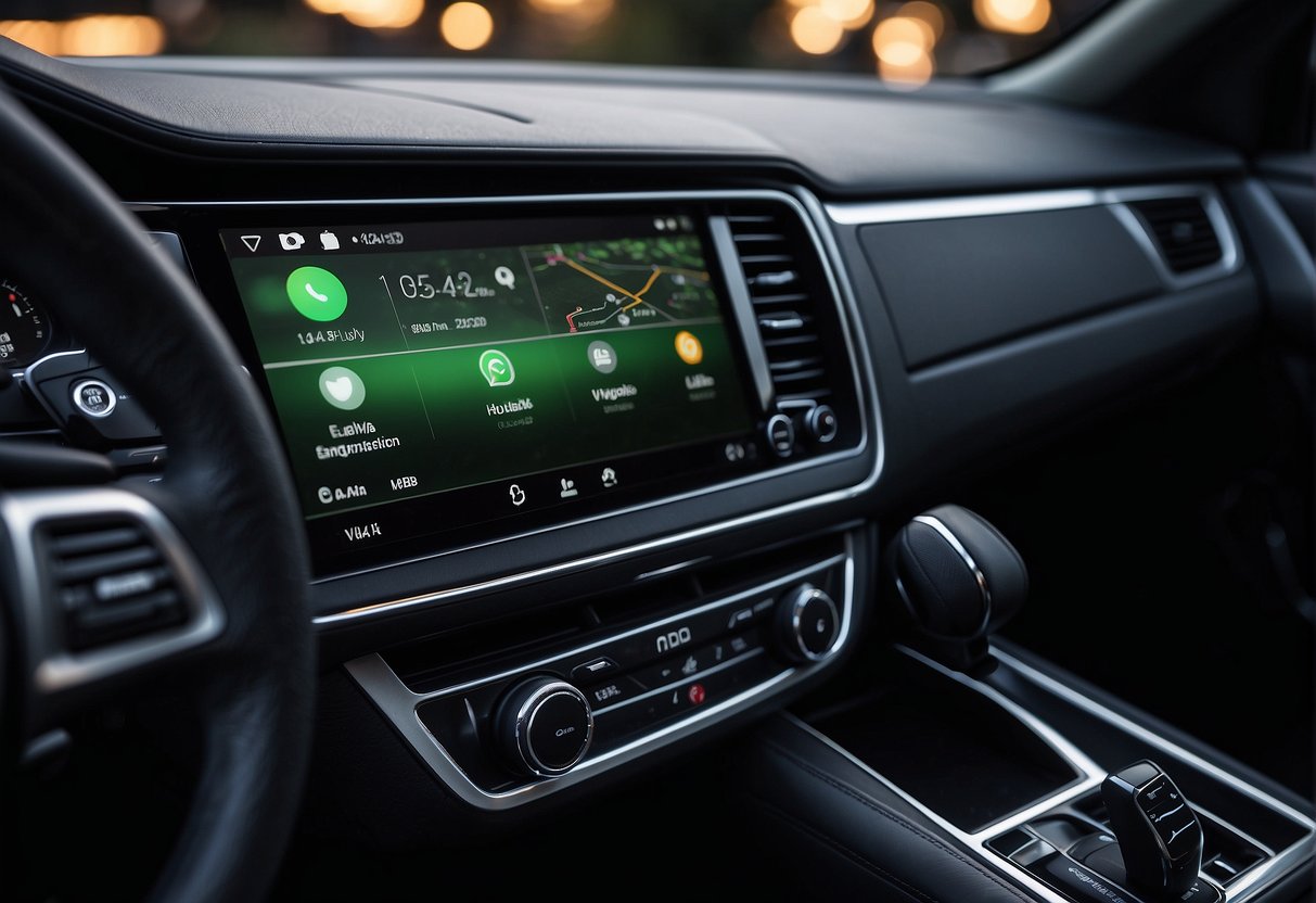 A smartphone with Android interface connects to a car's infotainment system via CarPlay, displaying compatible apps and features on the car's screen
