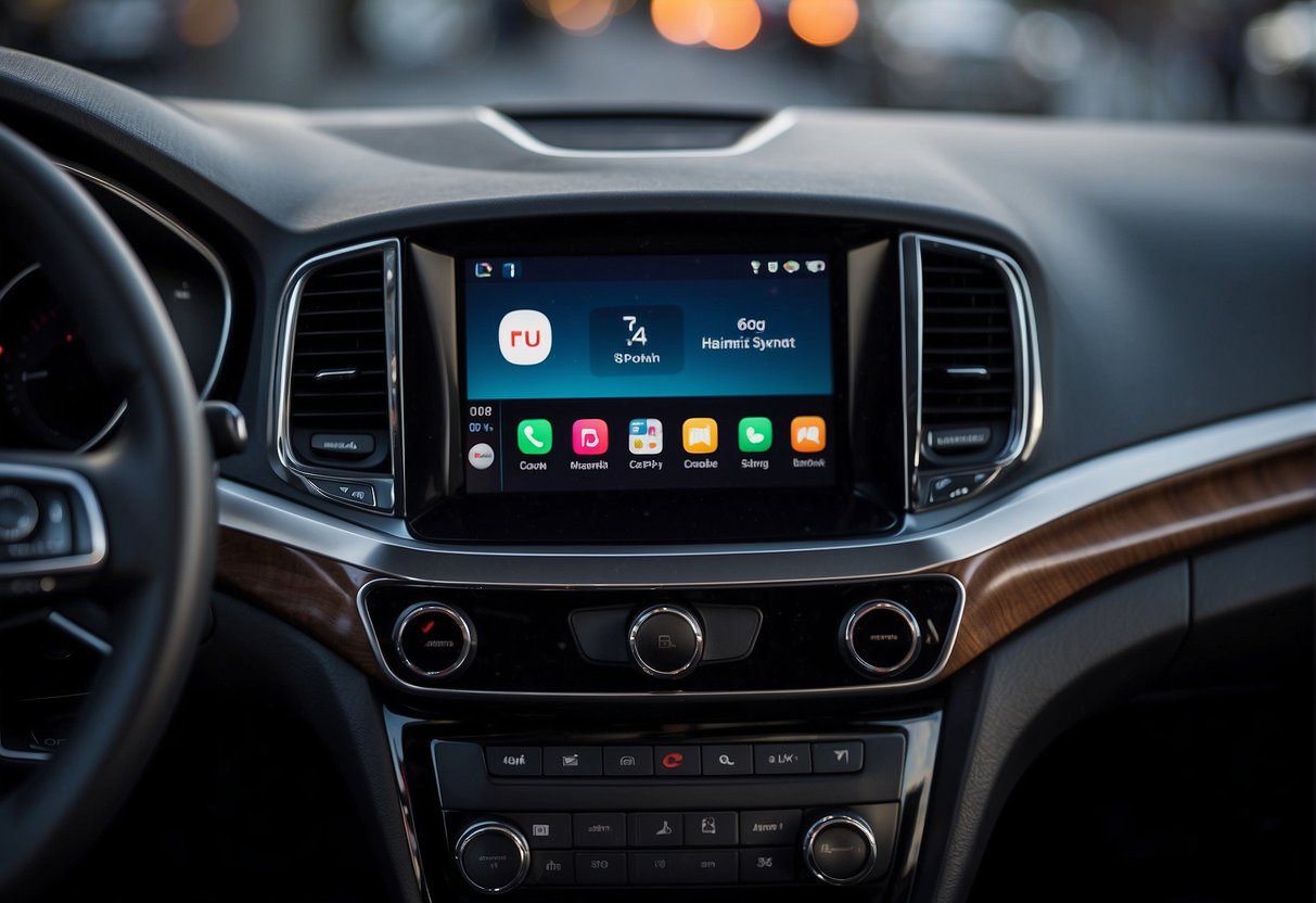 A smartphone with CarPlay and Android logos connected via cable on a dashboard screen