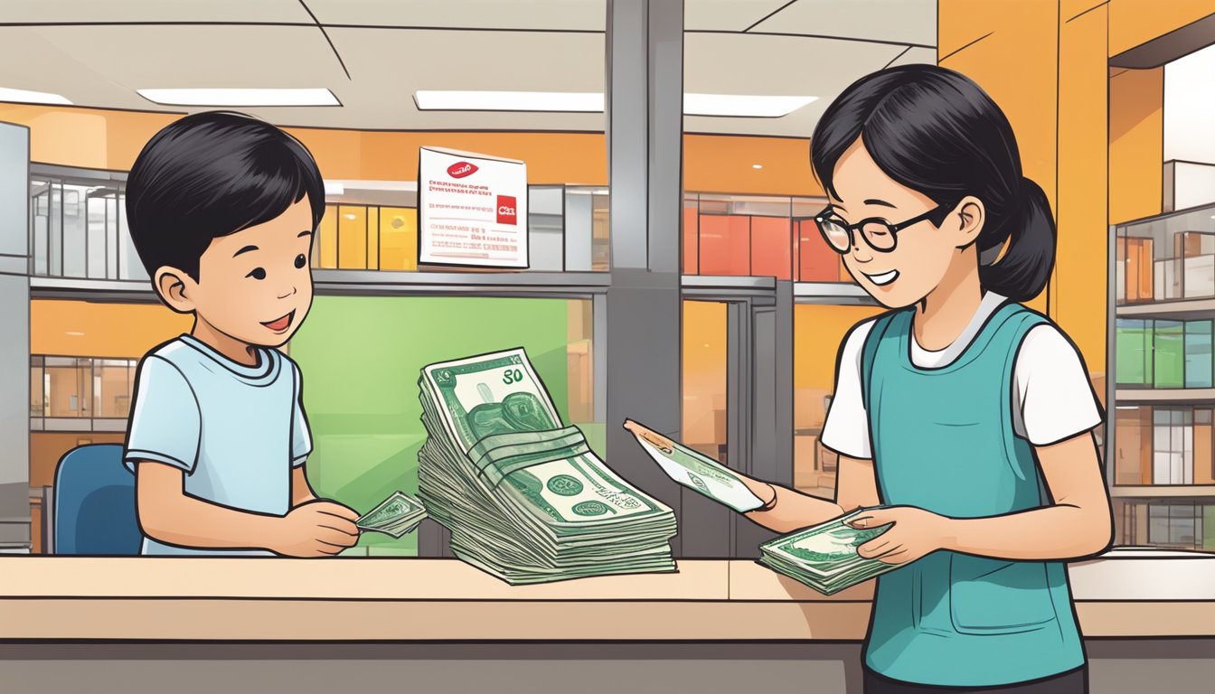 A child deposits money into an OCBC Young Savers account at a Singaporean bank branch. The account passbook is stamped with the bank's logo