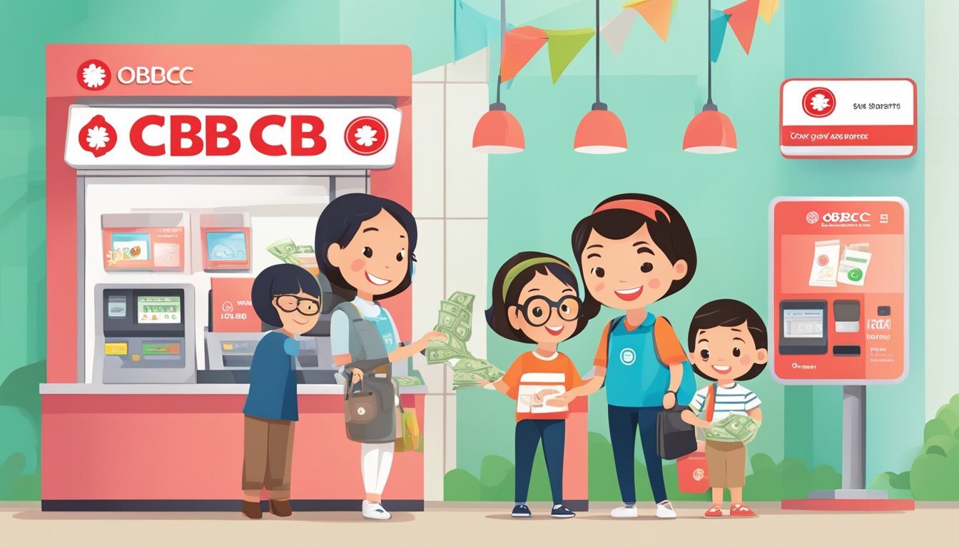 A child happily deposits money into their OCBC Young Savers Account at a bright and welcoming bank branch. The friendly teller assists with a smile