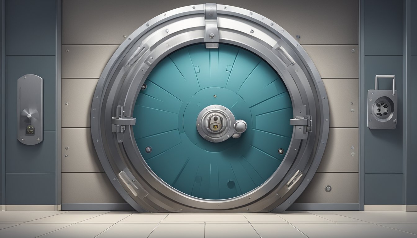 A sturdy vault door with a combination lock, surrounded by a high-tech security system and a friendly mascot