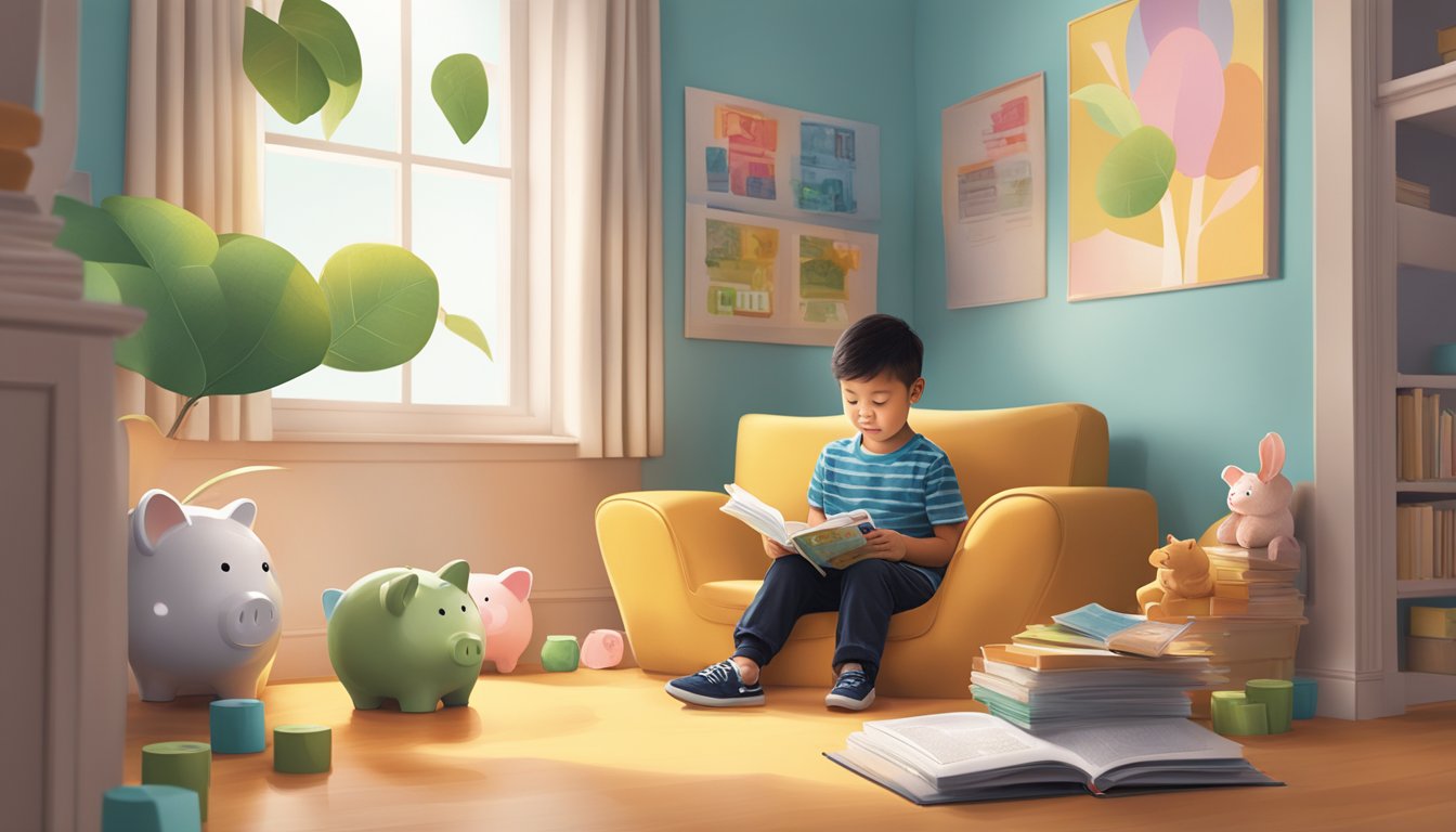 A young child eagerly reads a brochure on OCBC Young Savers Account in a cozy corner, surrounded by piggy banks and a colorful money tree