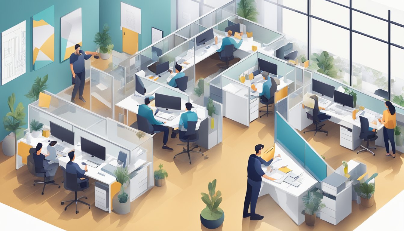 A bustling office space with modern furniture and decor, workers collaborating and discussing plans for a renovation project. Blueprints and loan documents are spread out on a table