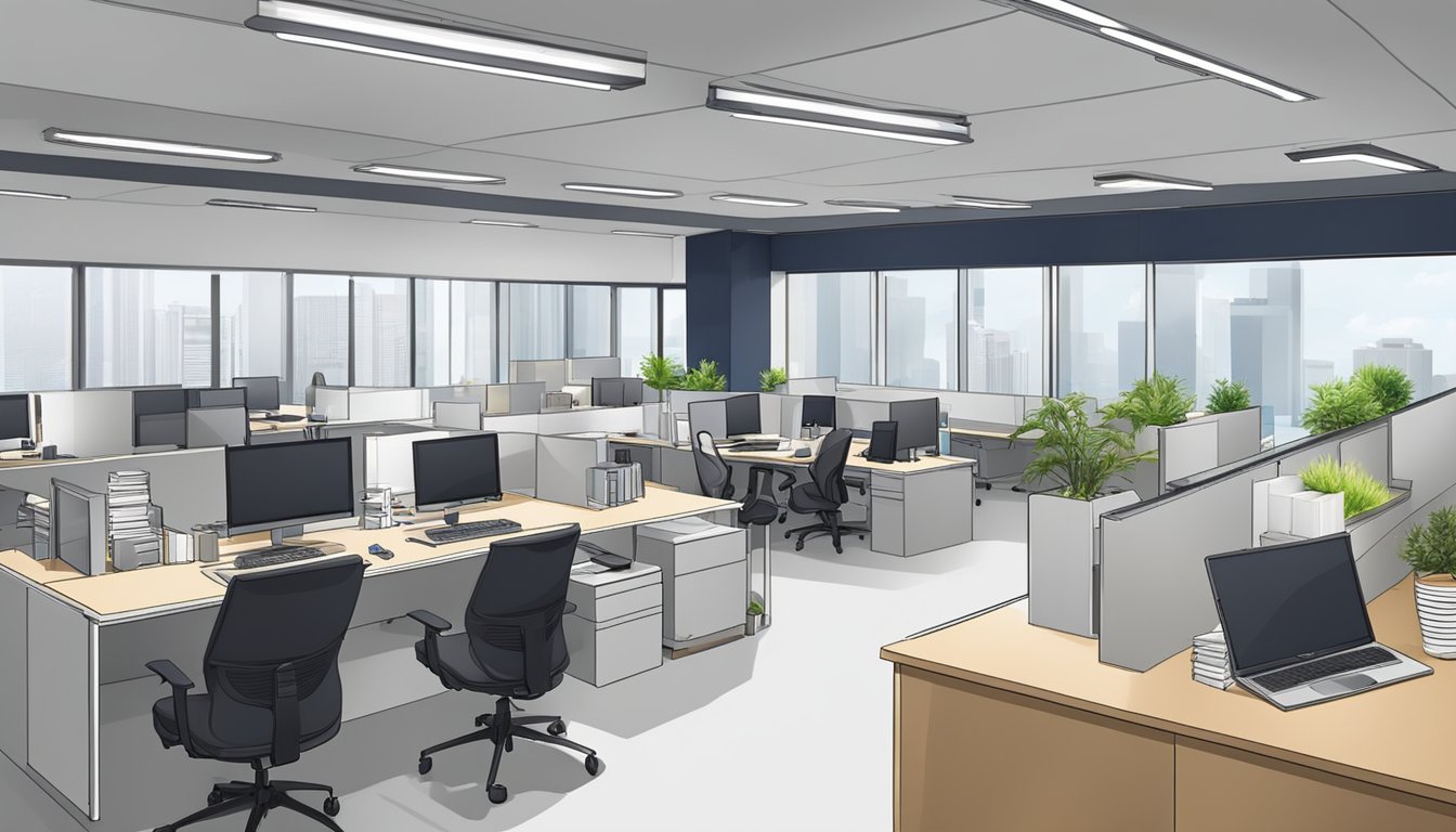 The office is undergoing renovation in Singapore, with workers installing new fixtures and updating the space to meet eligibility and requirements for a loan