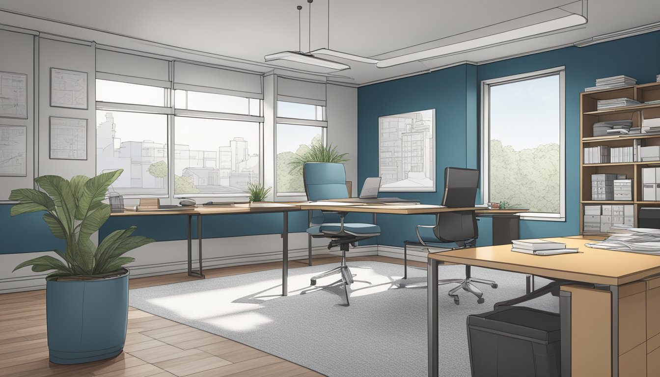 A modern office space with a sleek design, featuring a desk with a computer, a stack of paperwork, and a calculator. Blueprints and renovation plans are displayed on the wall, illustrating the financial aspects of renovation loans