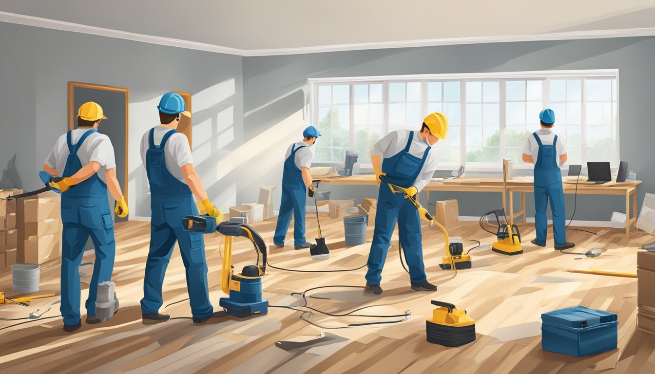 A team of contractors is busy renovating an office space, installing new flooring, painting walls, and updating fixtures. The room is filled with the sound of power tools and the smell of fresh paint