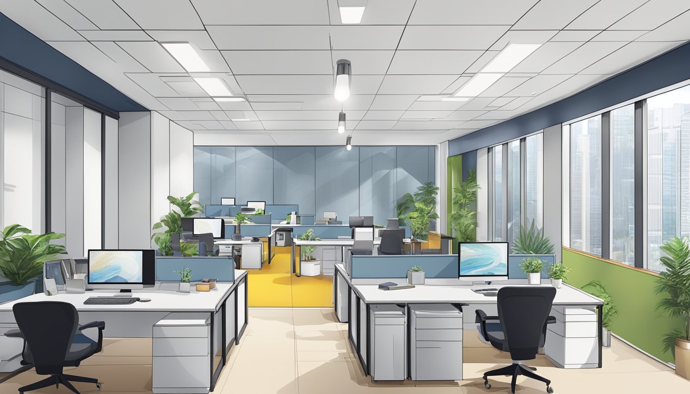 A modern office space with renovation equipment and workers in Singapore