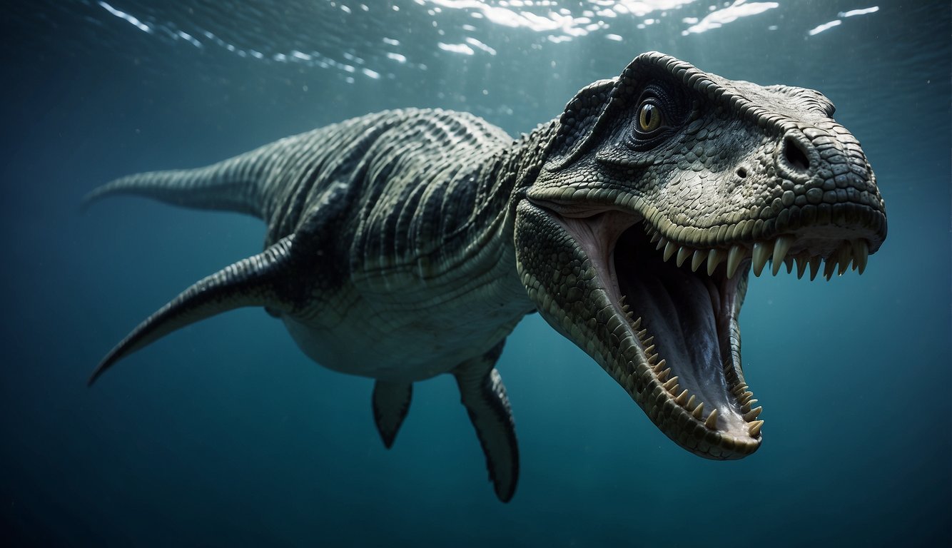 A Dakosaurus swims gracefully through the ocean, its long, sleek body cutting through the water with ease.

Its sharp teeth are visible as it flashes a menacing "crocodile smile" at its prey
