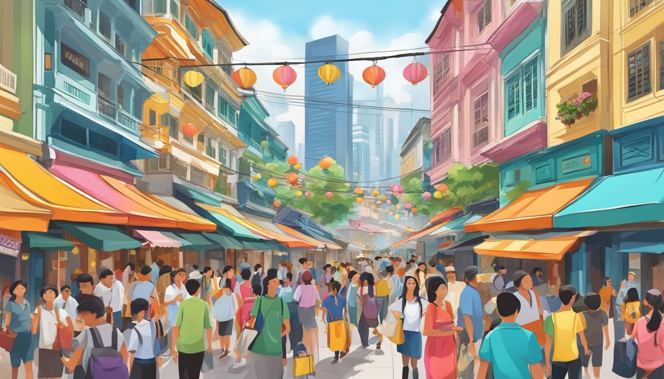 A bustling Singapore street, with colorful signs and people, captures the city's vibrant energy and diverse cultural influences