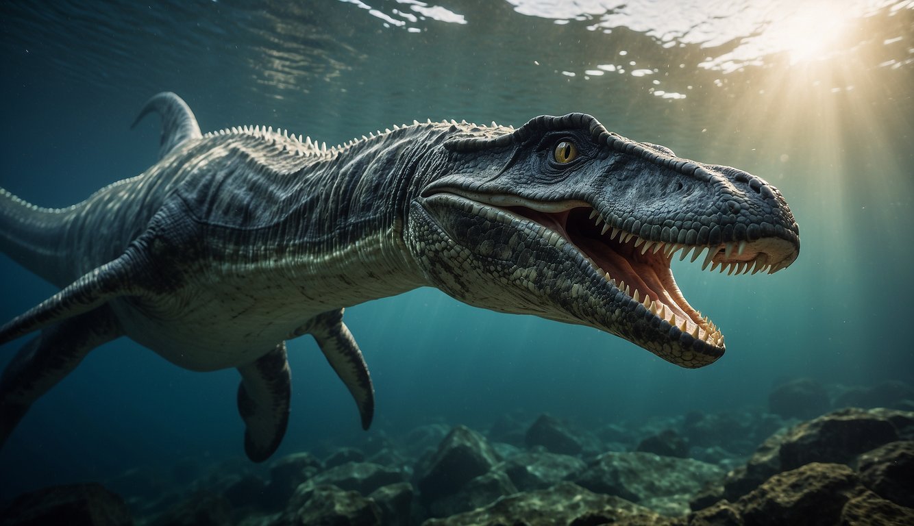 The Dakosaurus Dakosaurus emerges from the depths, its powerful jaws open wide, revealing rows of sharp teeth.

The marine reptile's sleek body glides through the water, exuding an air of ancient, predatory grace