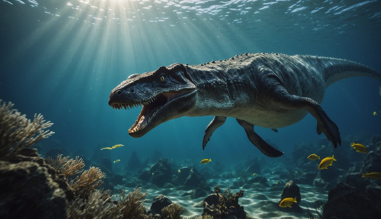 Dakosaurus swims in a prehistoric ocean, surrounded by schools of fish.

Its sharp teeth glisten as it hunts for its next meal