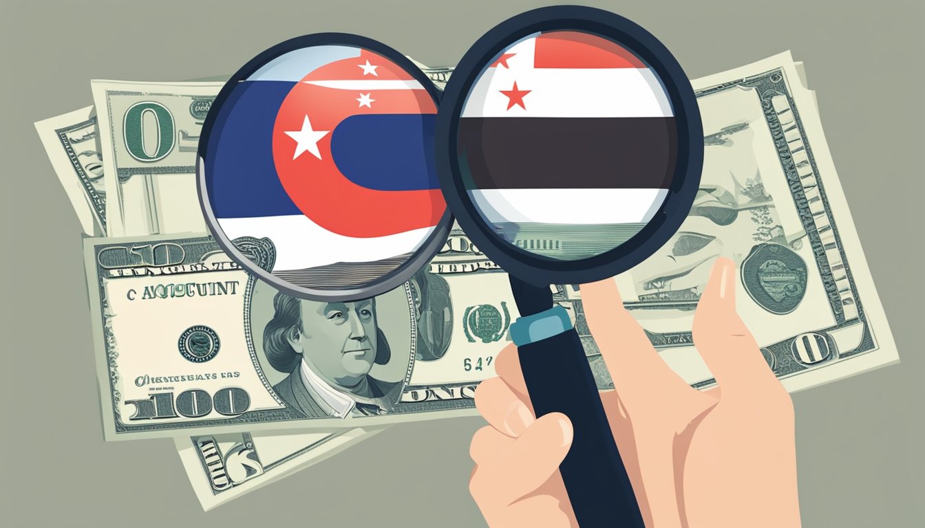 A hand holding a Singaporean flag with a magnifying glass focusing on the words "One Account" and "interest" with a stack of money in the background