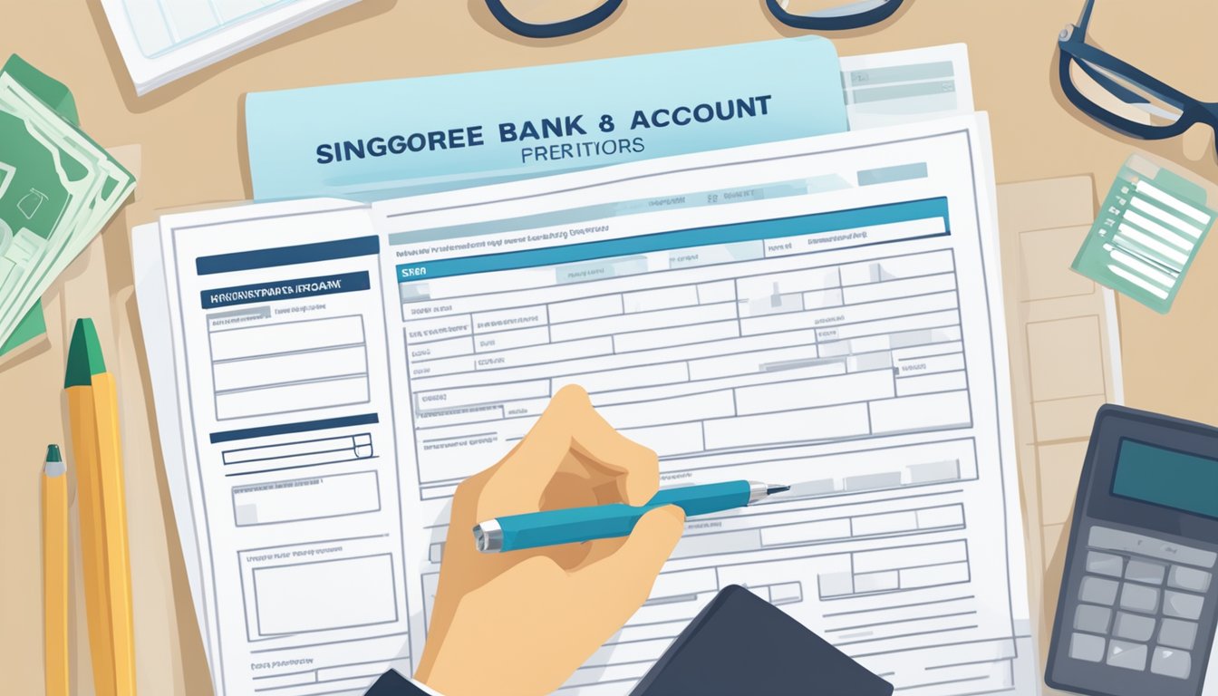 A hand fills out an application form for a Singaporean bank account with interest, surrounded by eligibility criteria