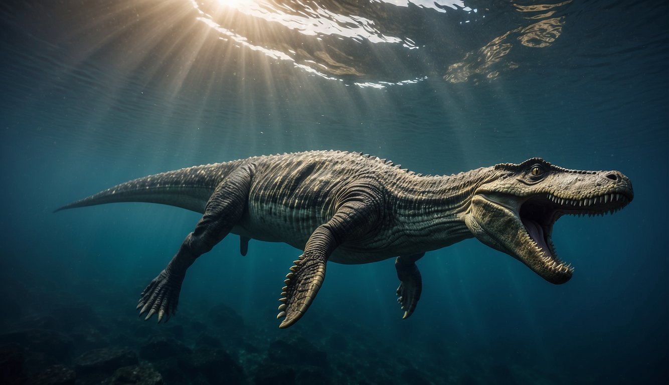 A Dakosaurus swims gracefully through the prehistoric ocean, its long, sleek body cutting through the water.

Its powerful jaws are open, revealing rows of sharp teeth in a menacing "crocodile smile."
