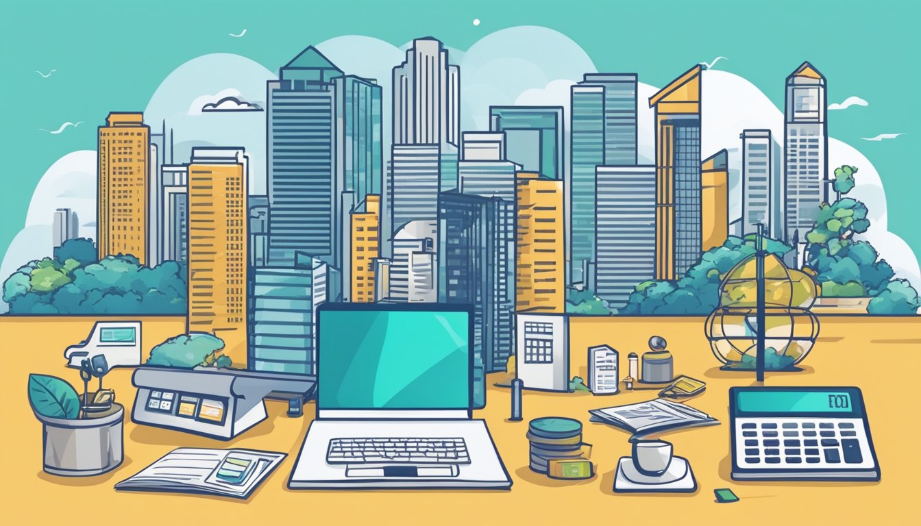 A bank account with interest, surrounded by financial tools and services, set in the backdrop of the Singapore skyline