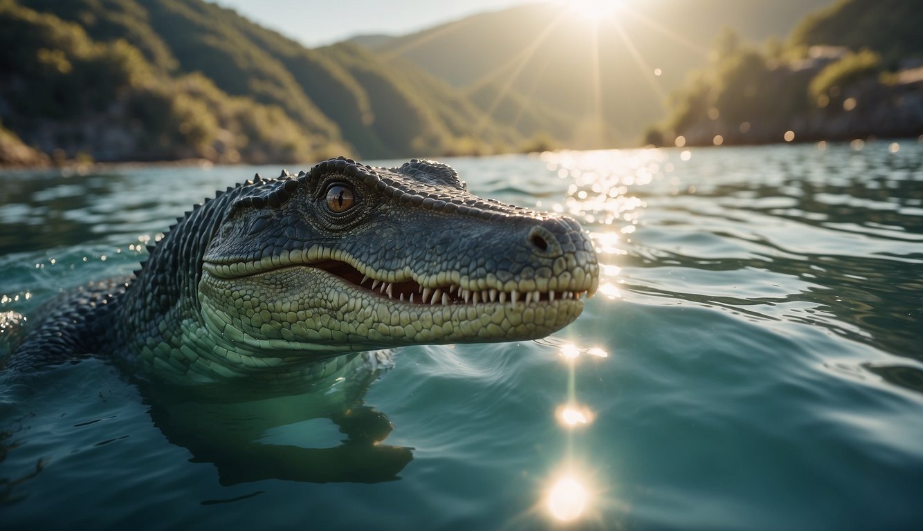 A Dakosaurus swims gracefully through the ocean, its sharp teeth and reptilian features highlighted by the sunlight filtering through the water