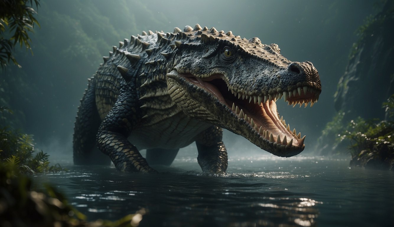 A massive Sarcosuchus emerges from the murky waters, its long snout and sharp teeth on display.

The prehistoric giant looms over the surrounding landscape, ready to strike at any moment