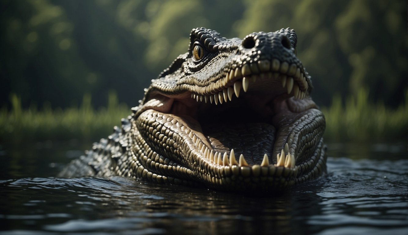 Sarcosuchus emerges from the murky waters, its massive jaws open wide, revealing rows of sharp teeth.

The prehistoric giant crocodile dominates the swamp, its powerful tail creating ripples in the water