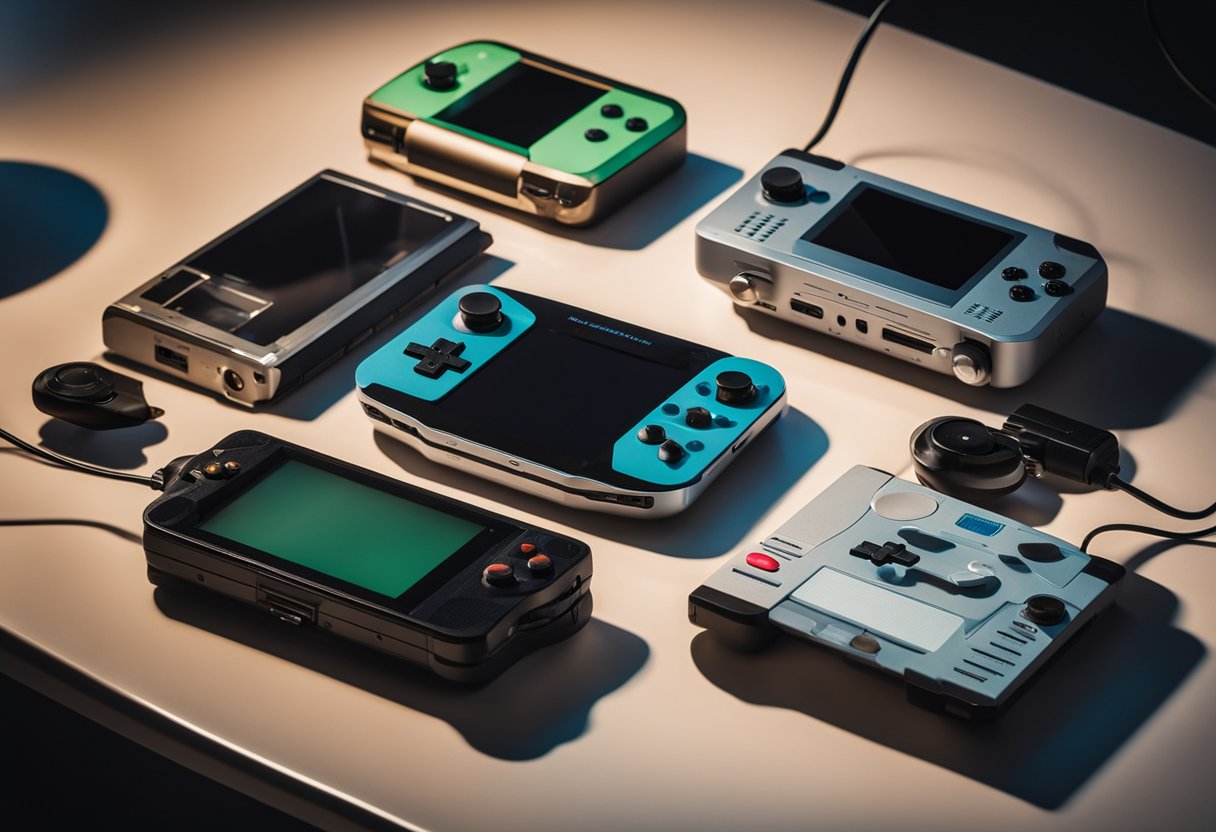 A table with various retro handheld gaming devices displayed, with a spotlight shining on the top-rated device