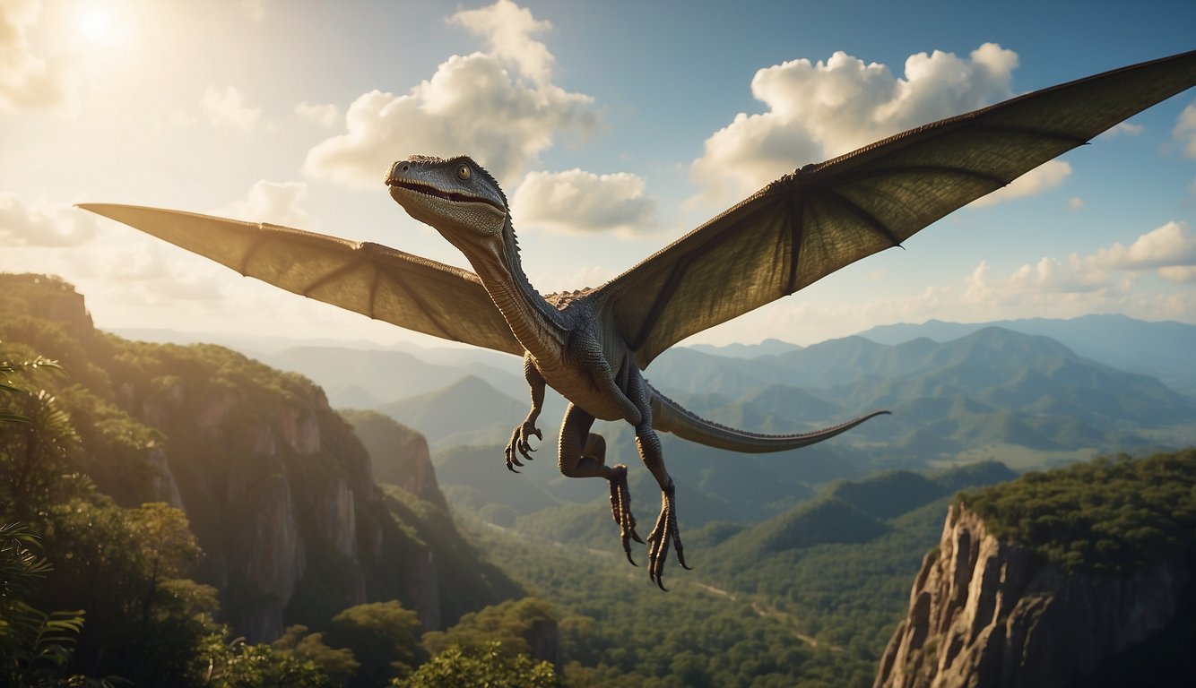 A Dimorphodon soars through the prehistoric skies, its wings outstretched as it explores the ancient world