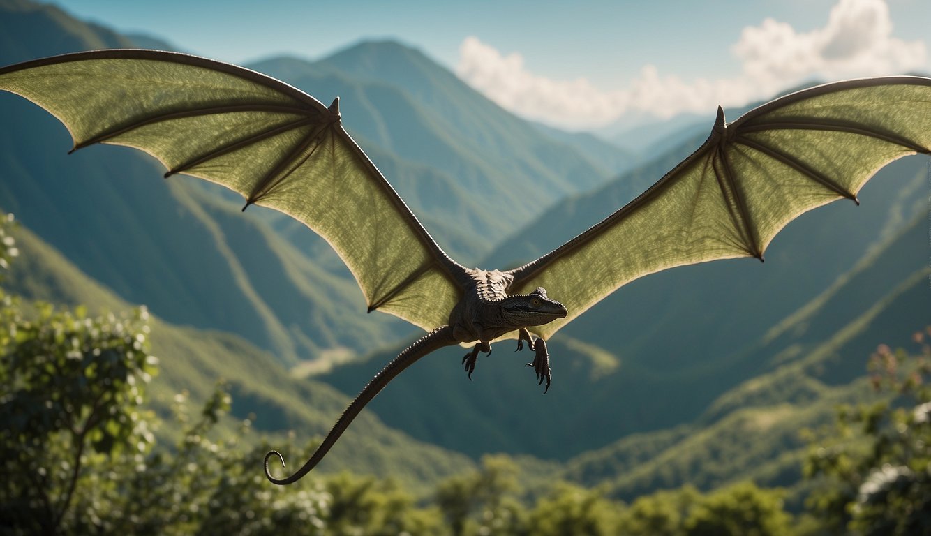 A Dimorphodon flies high above a lush prehistoric landscape, its wings outstretched as it explores the skies with its unique pterosaur form