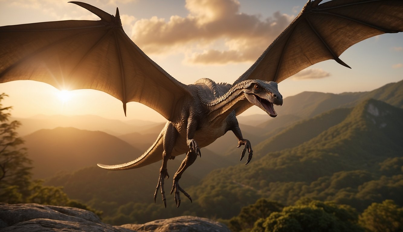 Dimorphodon soars through the ancient skies, its wings outstretched, scanning the landscape below with its sharp eyes, while the sun sets in the distance