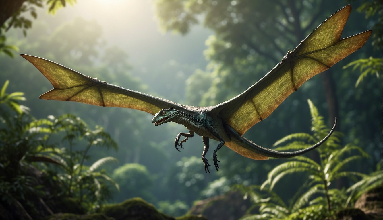 A Dimorphodon flies over a prehistoric landscape, with lush greenery and towering trees.

Its wings are outstretched, and its sharp beak is open as it lets out a screech