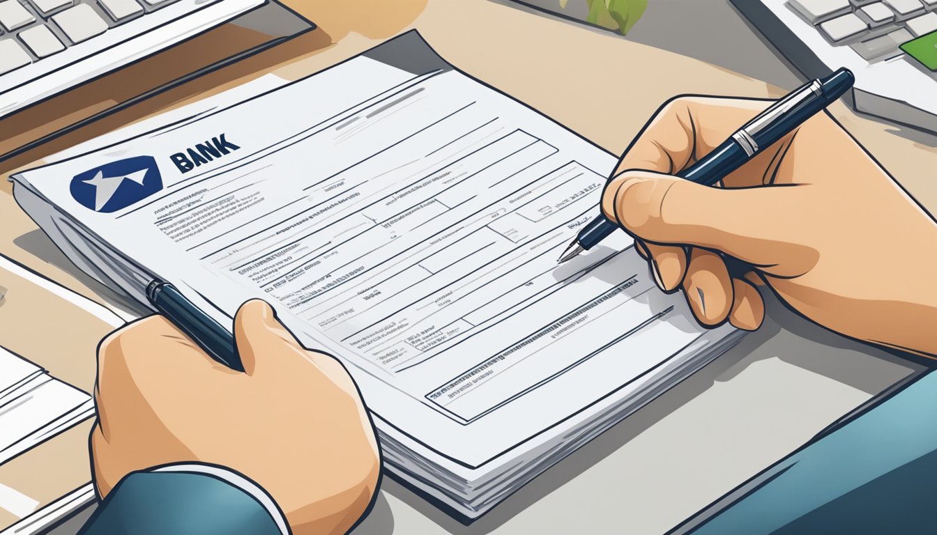 A person's hand holding a pen, filling out an eligibility form with a bank logo in the background