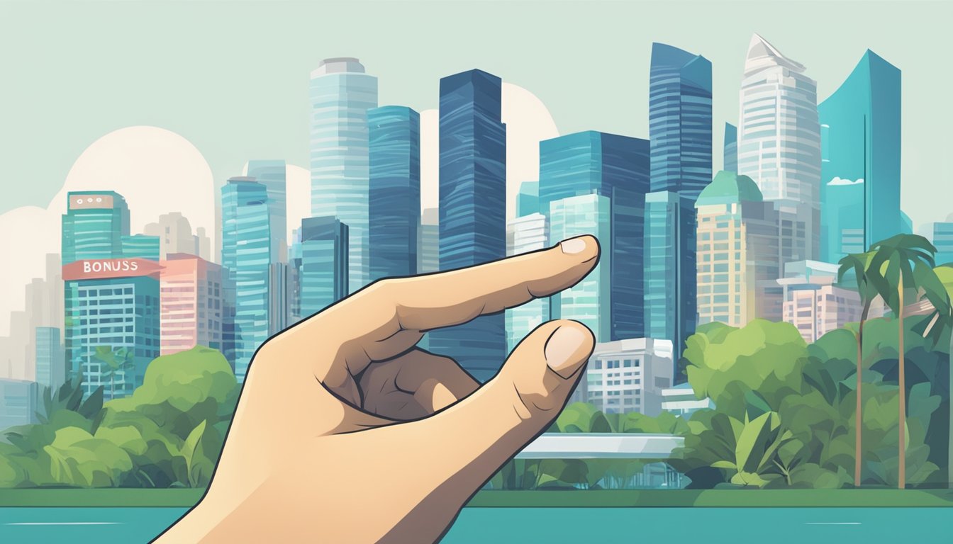 A hand reaches for a bonus interest sign in Singapore, with a city skyline in the background