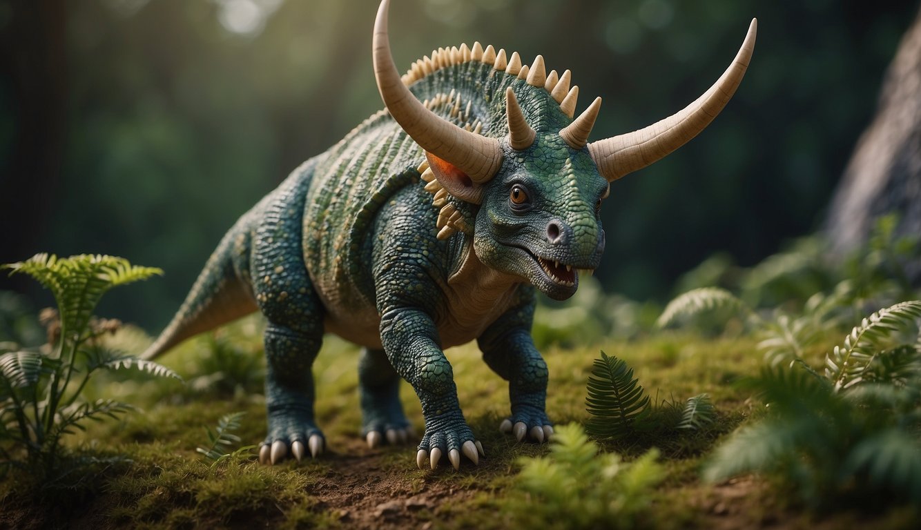 A Zuniceratops stands on its hind legs, its three horns protruding from its frill.

It grazes on prehistoric plants in a lush, ancient landscape