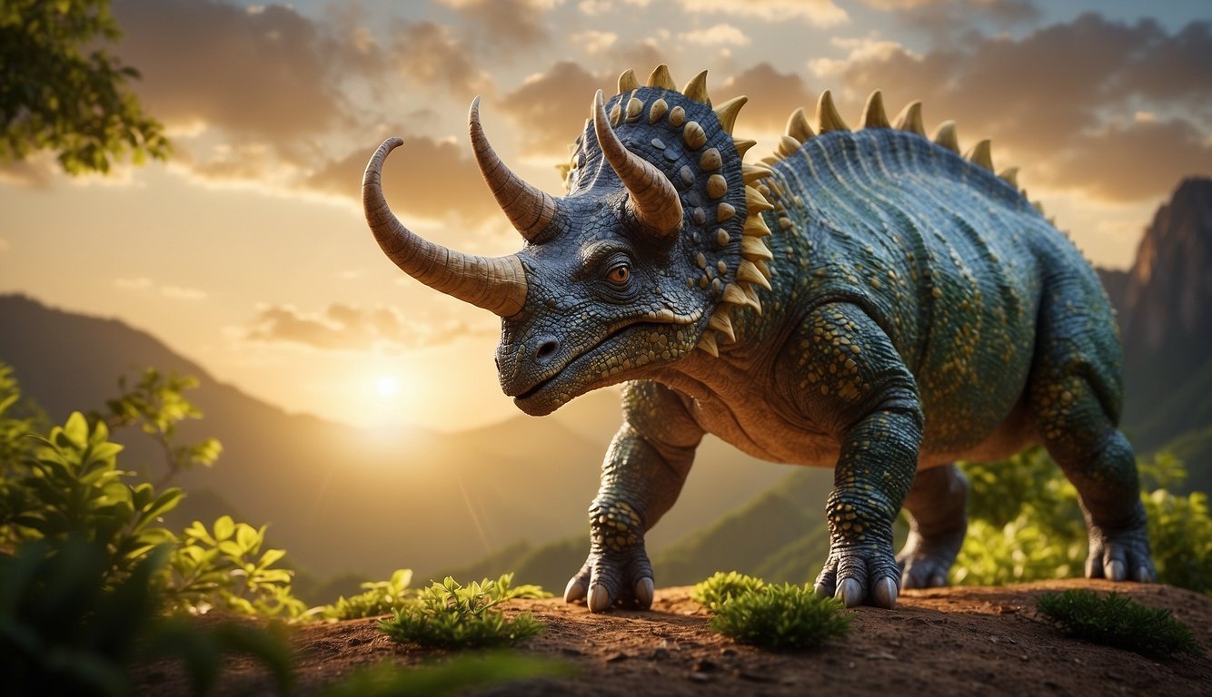 A Zuniceratops stands in a prehistoric landscape, with its distinctive frill and three horns clearly visible.

The creature is surrounded by lush vegetation, and the sun is setting in the background, casting a warm glow over the scene