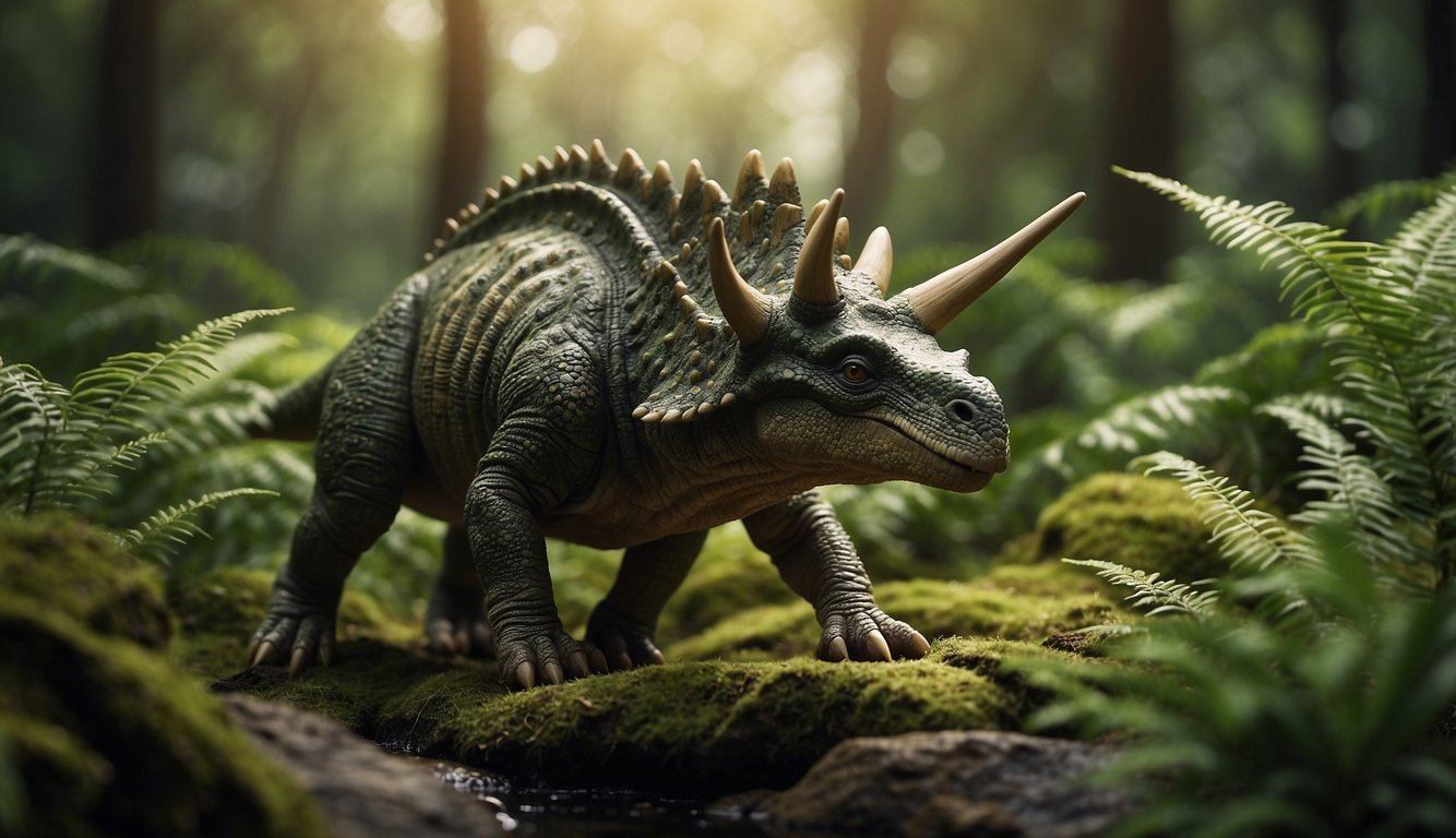 Zuniceratops grazes in a lush prehistoric landscape, surrounded by ferns and coniferous trees.

A gentle stream flows nearby, as other dinosaurs roam in the distance
