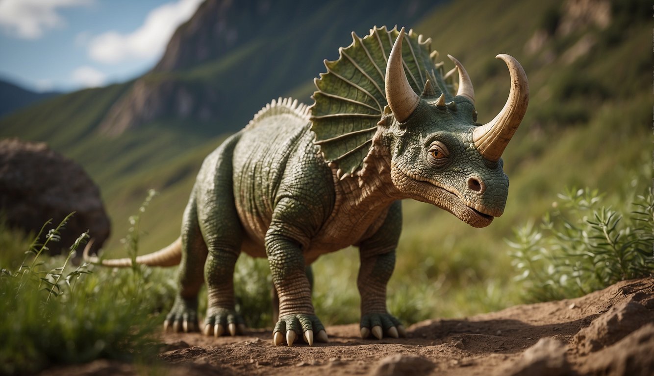 A Zuniceratops stands in a prehistoric landscape, similar to a Triceratops but smaller.

Its distinctive frill and three horns are prominent as it grazes on vegetation