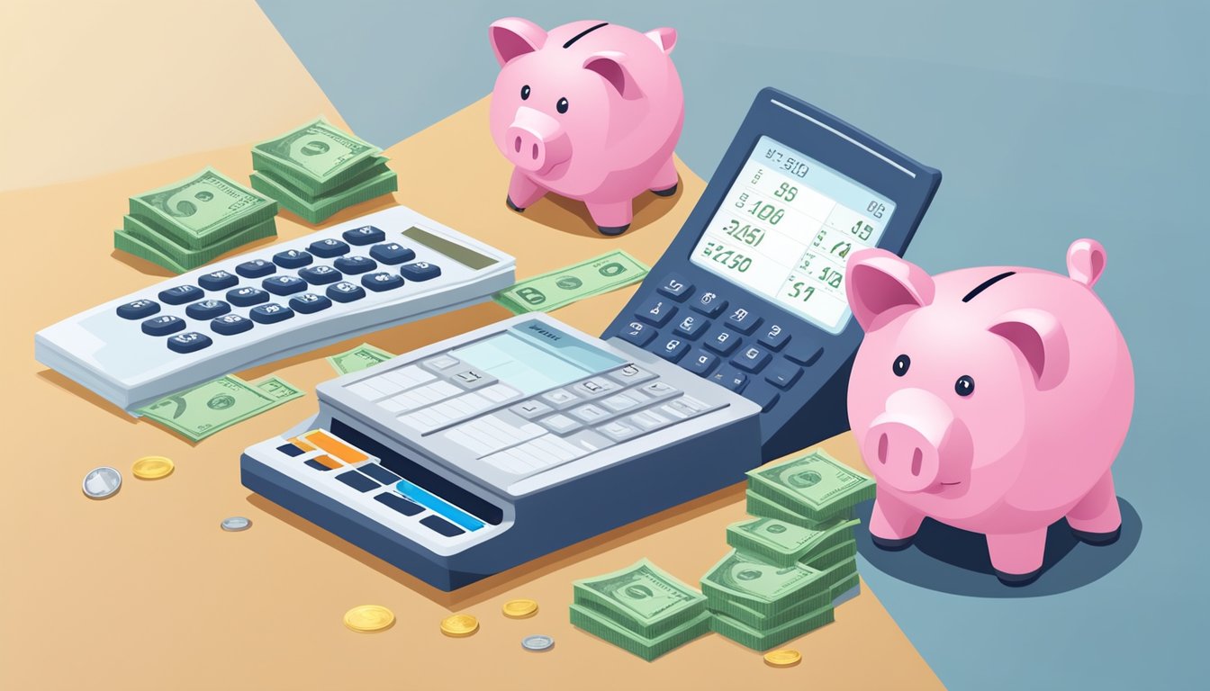 A piggy bank sits on a table, surrounded by stacks of coins and dollar bills. A calculator and a bank statement show increasing numbers