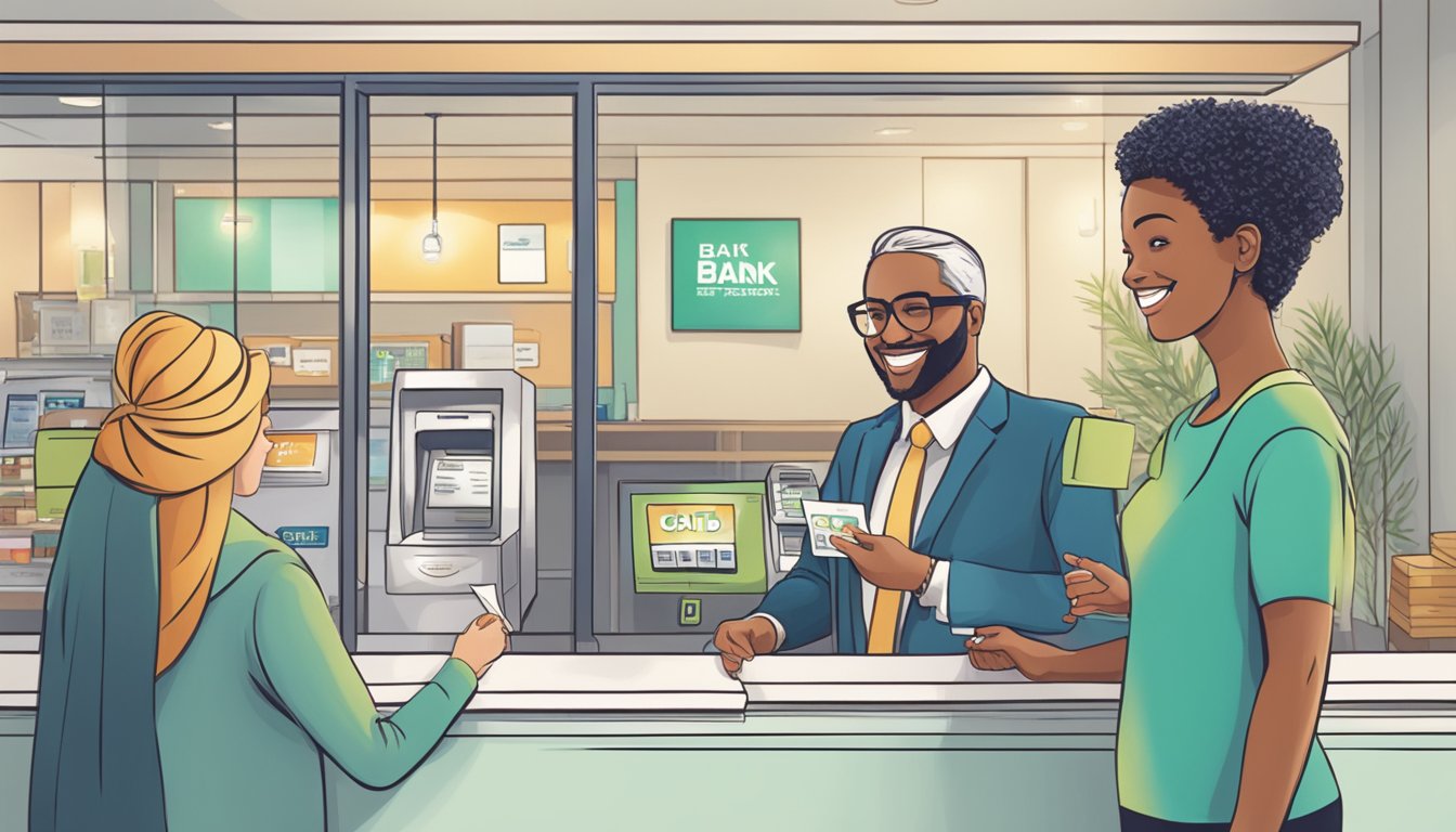 A person receiving a gift card and smiling at a bank teller
