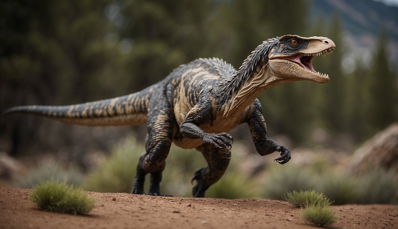 A Utahraptor stands tall, its sharp claws and powerful legs ready to pounce.

Its sleek, feathered body and menacing gaze make it a formidable predator