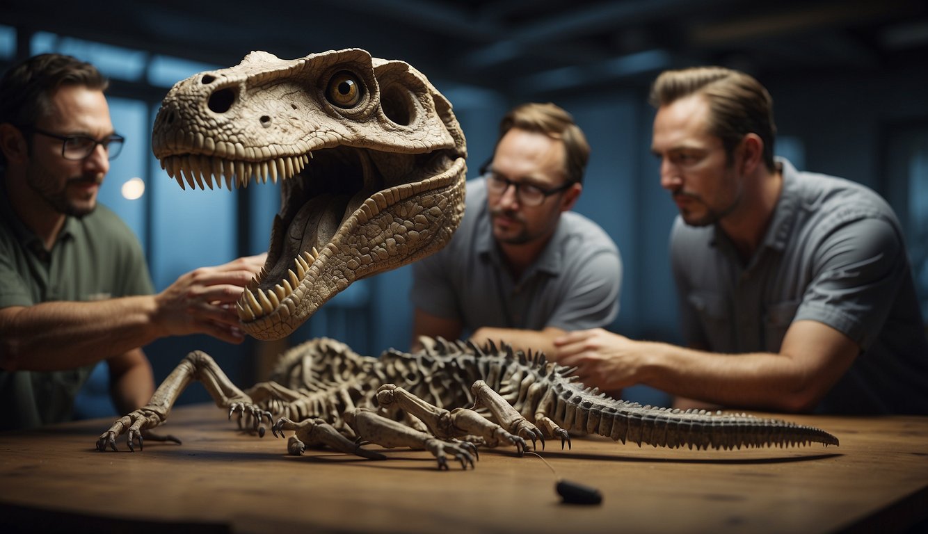 A group of paleontologists uncover the skeleton of a Utahraptor, its sharp claws and fierce jaws displayed in a dramatic pose