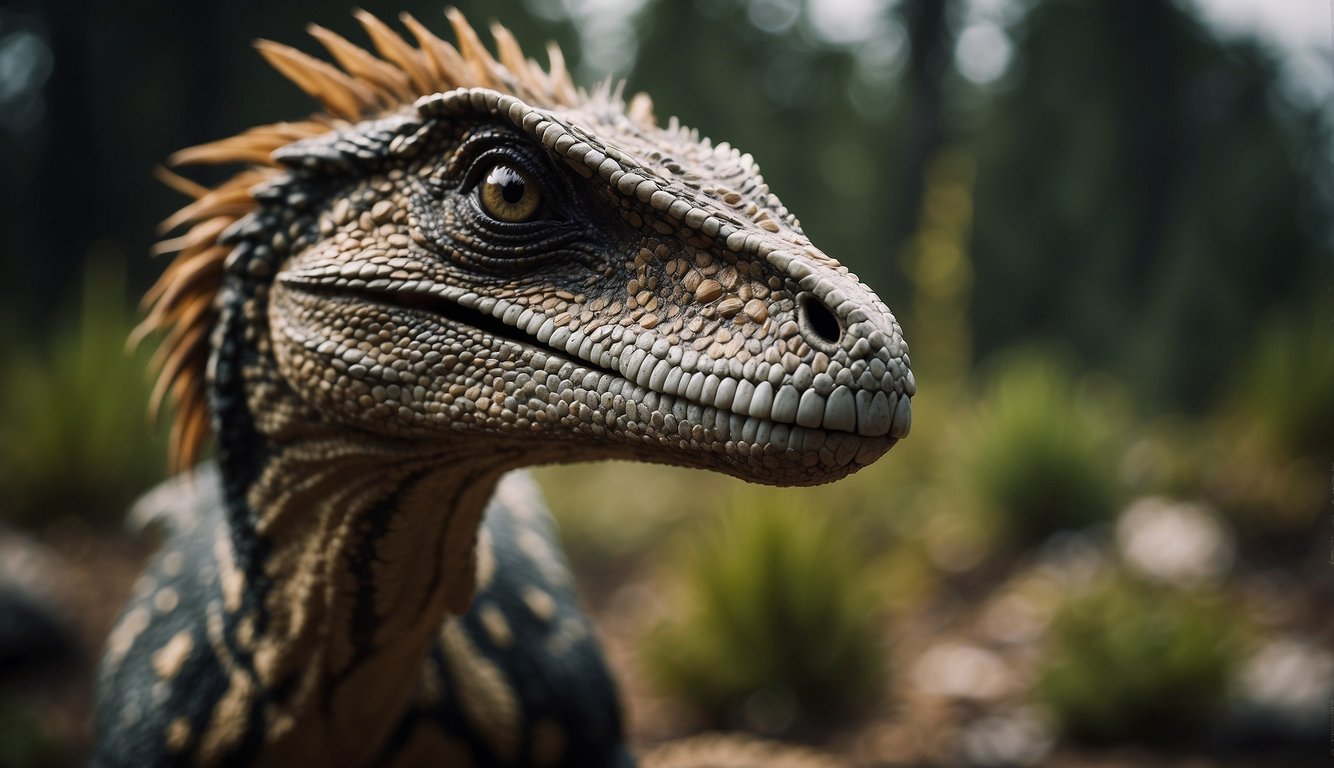 A fierce Utahraptor stands tall, its sharp claws and menacing gaze capturing the essence of the real Velociraptor that inspired Jurassic Park