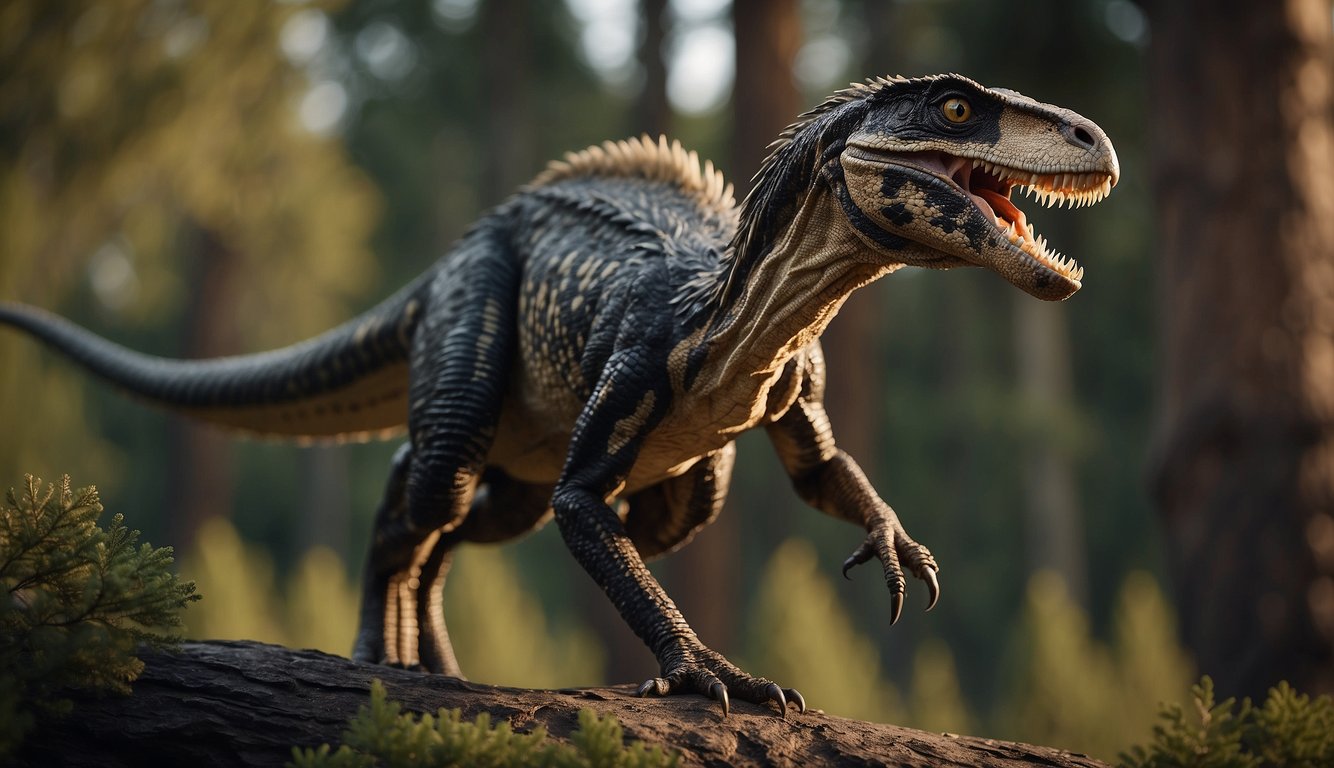 A Utahraptor stands tall, its sharp claws and fierce gaze capturing attention.

Its sleek, feathered body exudes power and agility, ready to pounce at any moment