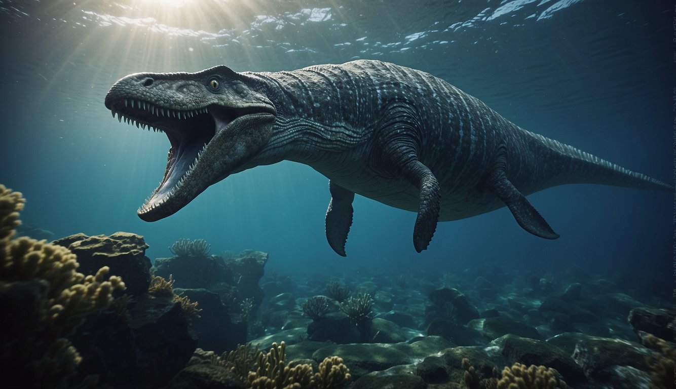 A massive Mosasaurus swims gracefully through ancient oceans, its long body undulating as it hunts for prey among the swirling currents