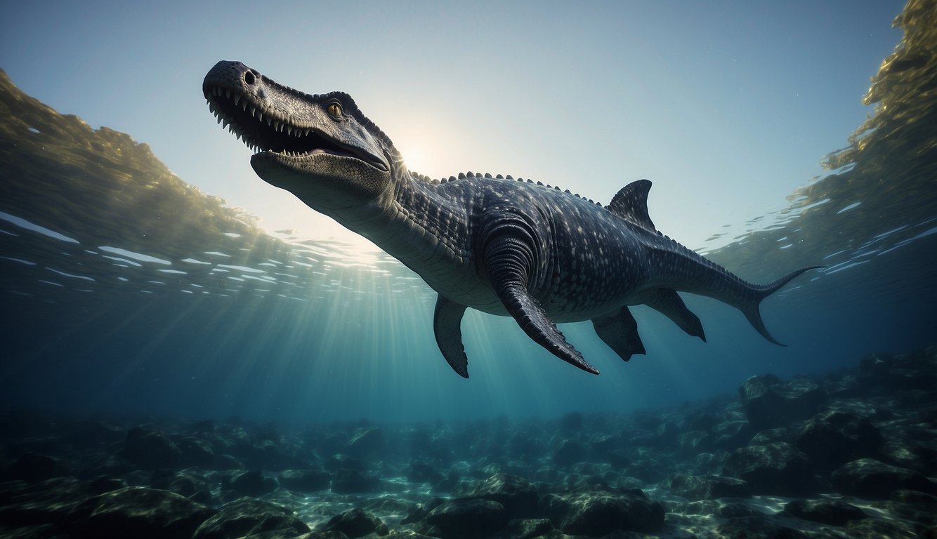 A Mosasaurus swims gracefully through the ancient ocean, its sleek body gliding effortlessly through the water as it searches for prey.

The sun glistens off its scales, highlighting its formidable size and power