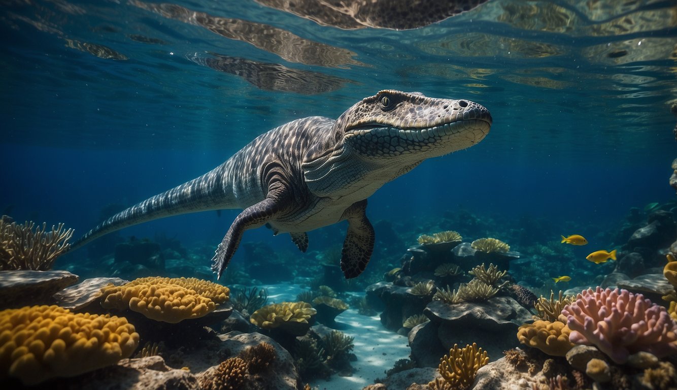 A Mosasaurus swims through a vibrant underwater ecosystem, surrounded by colorful coral and a variety of marine life.

The massive marine lizard moves gracefully through the water, its powerful body cutting through the waves