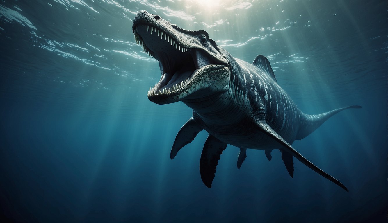 A towering Mosasaurus swims through the ancient ocean, its powerful tail propelling it forward as it hunts for prey among the swirling currents