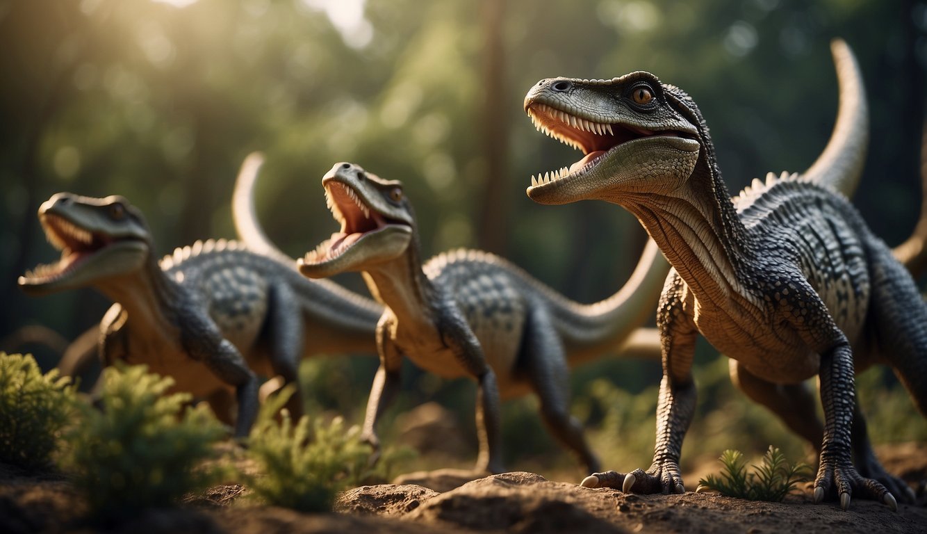 A group of Coelophysis dinosaurs hunt together, their sharp teeth and agile bodies capturing prey in a prehistoric landscape