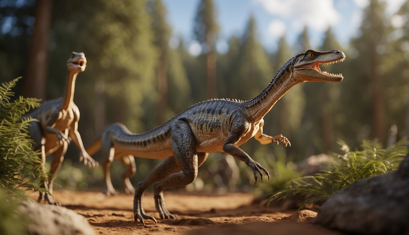 Coelophysis dinosaurs move together in a pack, hunting and communicating with each other.

They display social behavior, living and interacting as a group