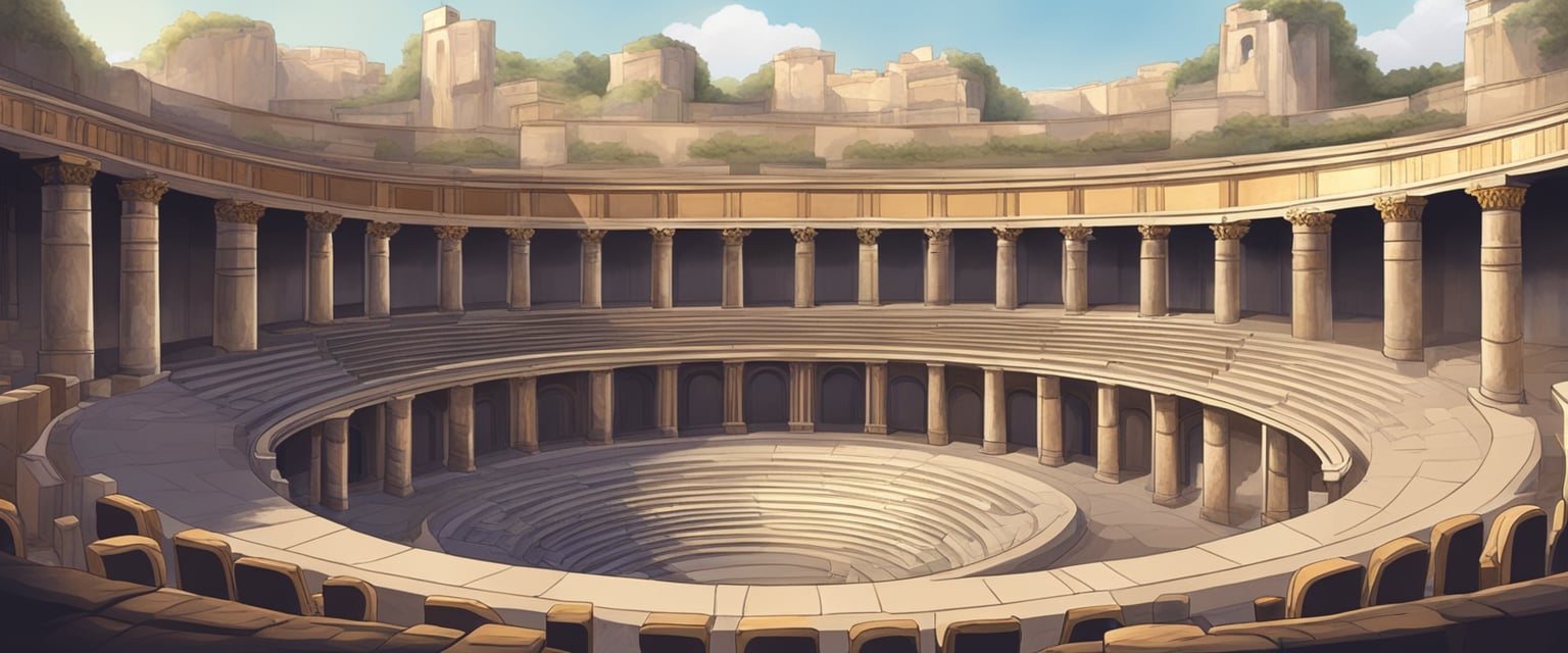 Roman theater: stone seats arranged in a semi-circle facing a stage, with ornate columns and arches in the background