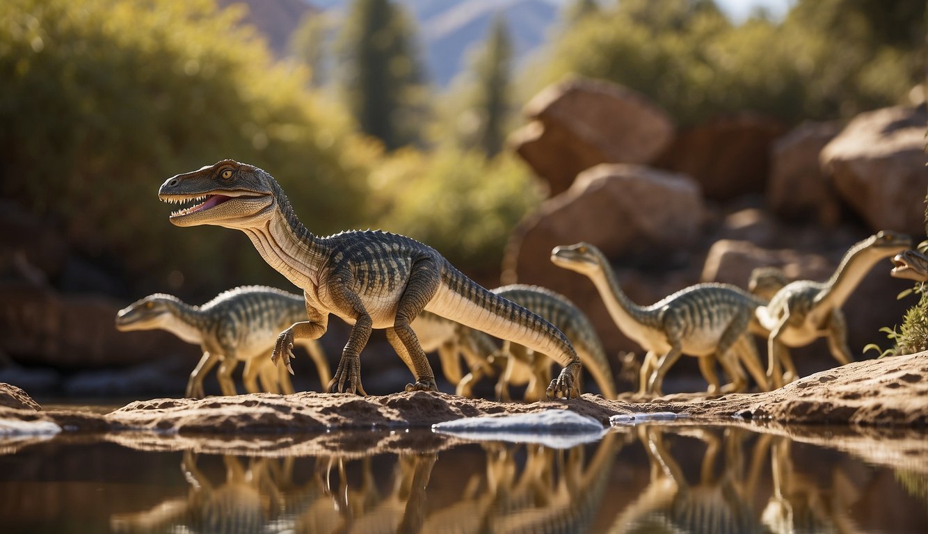 A group of Coelophysis dinosaurs gather around a watering hole, their sleek bodies and sharp teeth on display as they hunt in packs