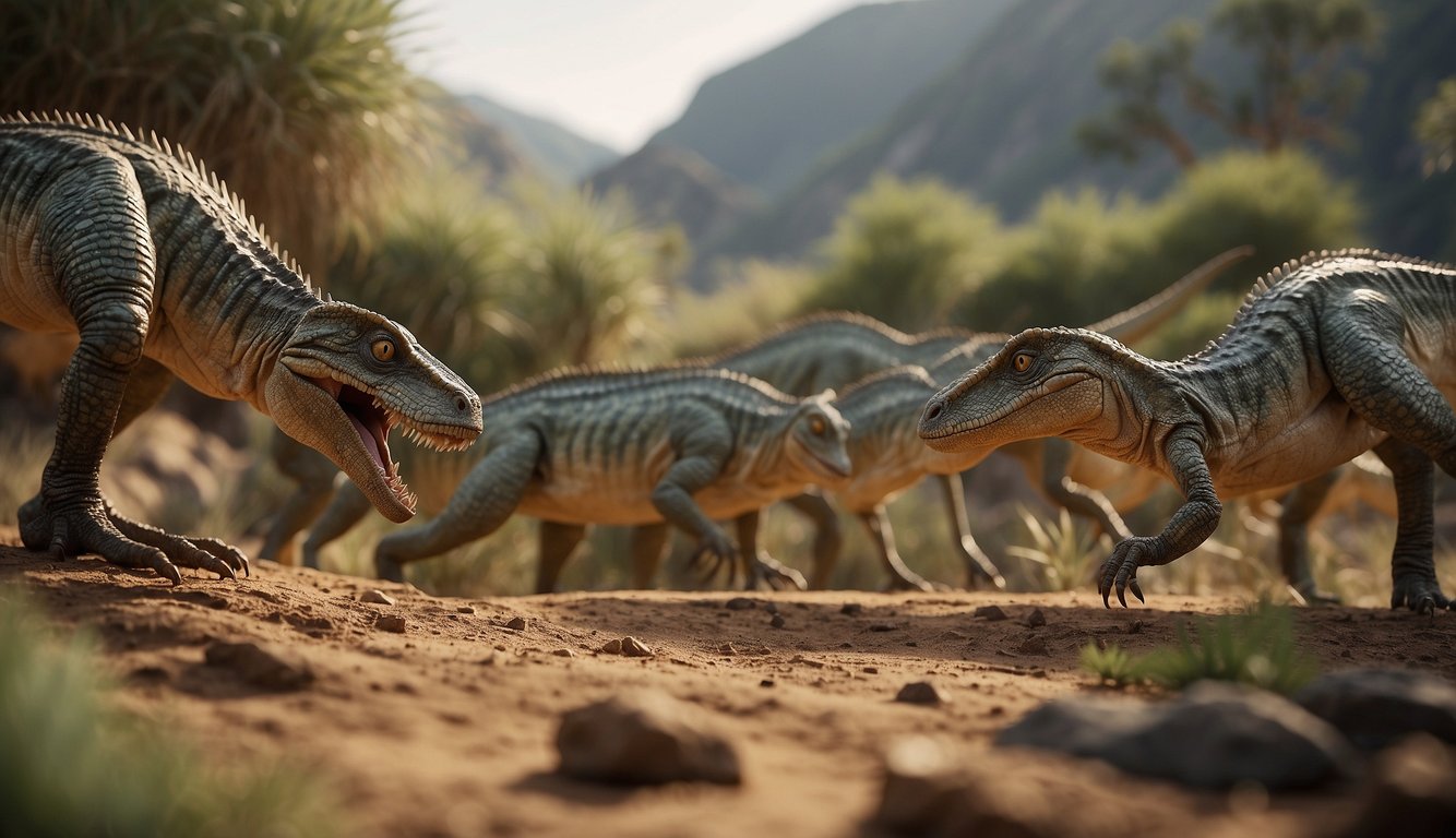 A group of Coelophysis dinosaurs roam together in a prehistoric landscape, moving in packs and interacting with each other