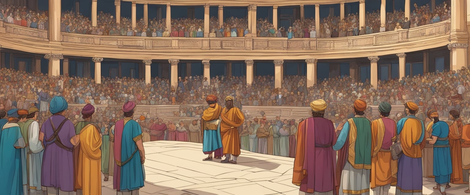 Vibrant crowd fills Roman theater, adorned in colorful garments. Actors perform classic plays on grand stage, while spectators engage in lively conversations